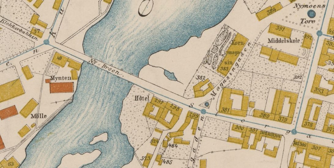 Utsnitt fra amtskart for Buskerud 1884 viser parkanlegget på Magasintomten i Kongsberg