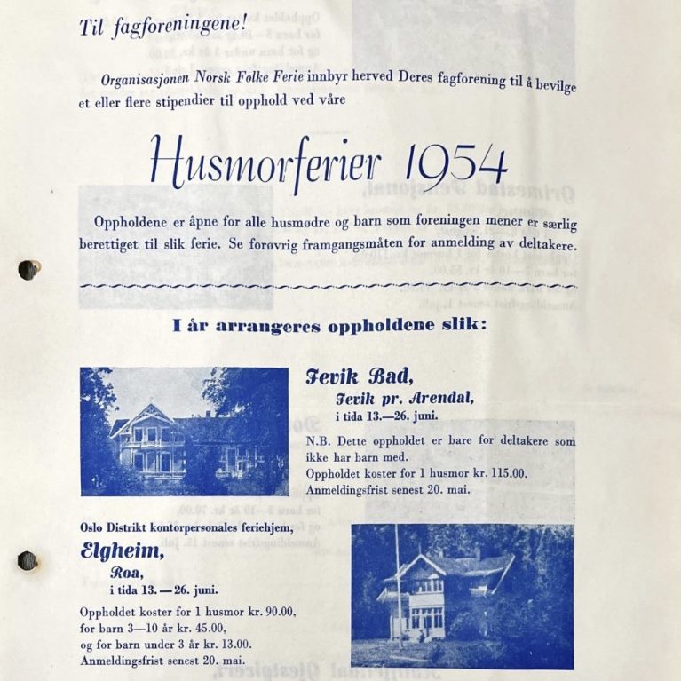 Brosjyre for husmorferie sommer 1954 fra organisasjonen Norsk Folkeferie. Sommer i gamle dager.