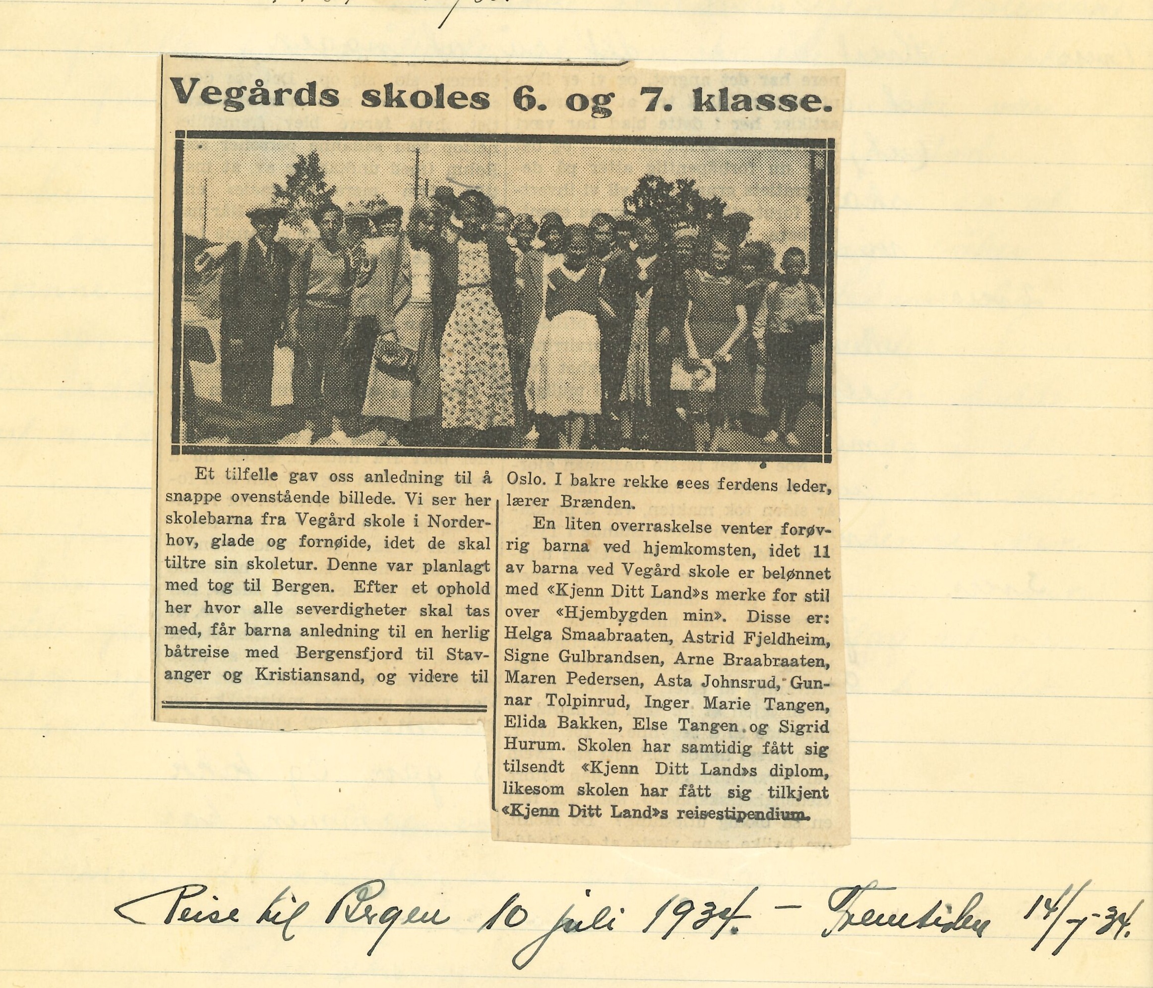 Avisutklipp om skoletur fra avisa Fremtiden 14. juli 1934