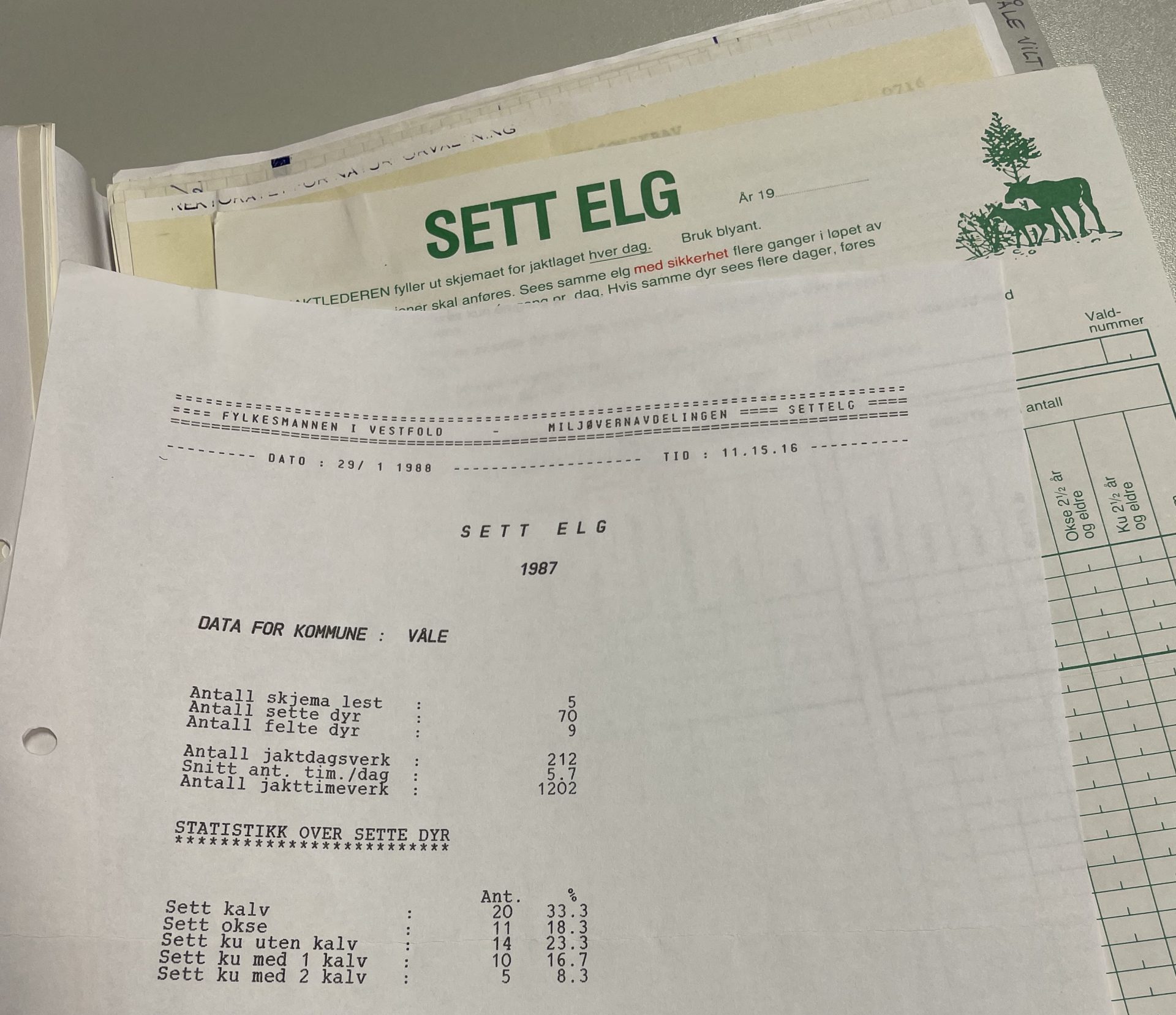 Skjemaer over statistikk om sett elg i Våle viltnemnds arkiv fra 1987. 
