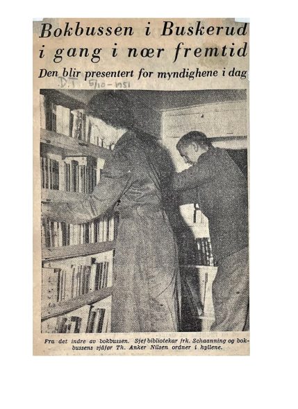 Avisutklipp fra Drammens tidende 5. oktober 1951 "fra det indre av bokbussen"