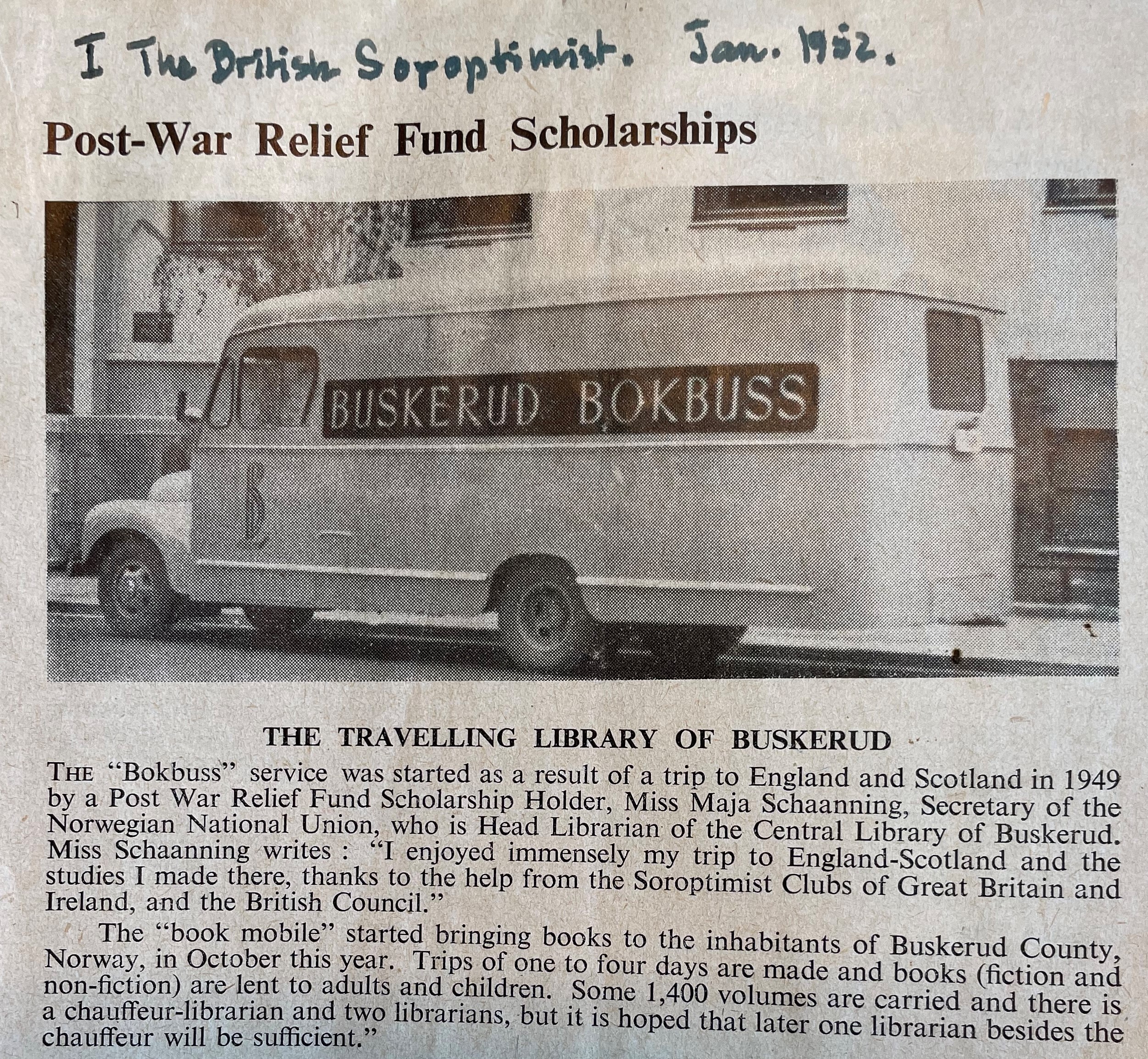 Buskerud bokbuss avisutklipp på engelsk fra the British Soroptimist 