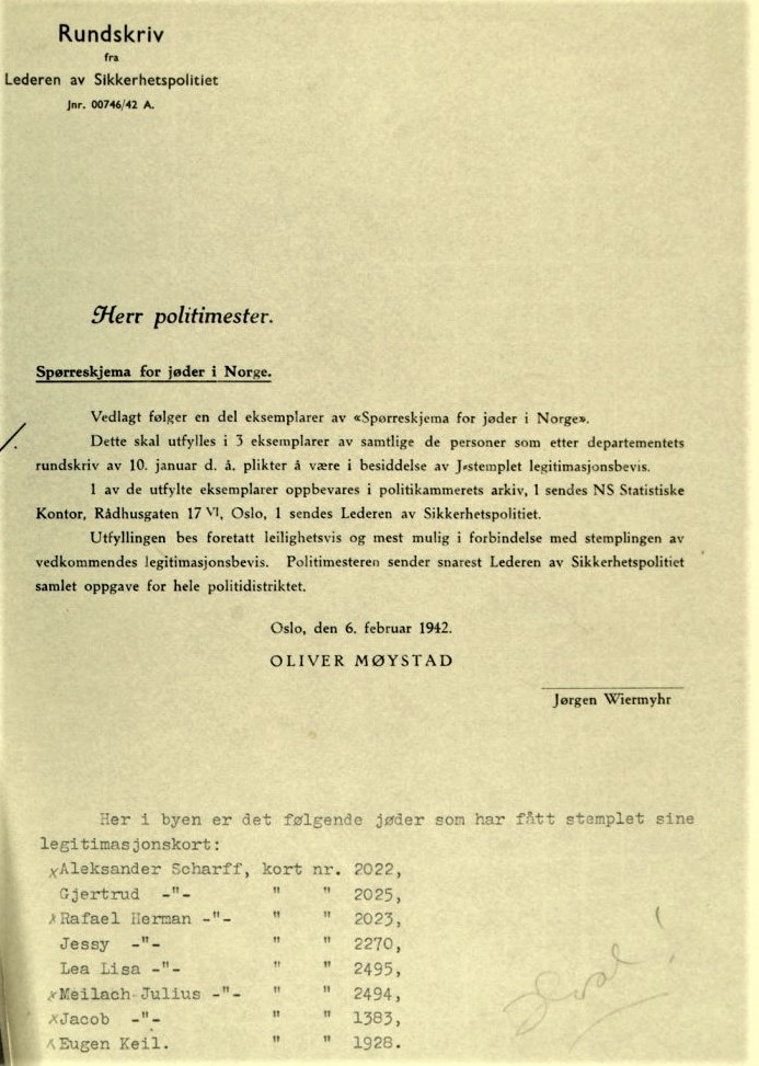 Rundskriv fra sikkerhetspolitiet i 1942 om registrering av jøder i Norge