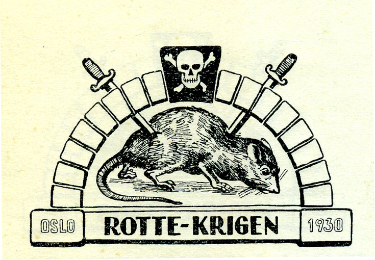 Tegning av en rotte med sverd stukket i seg og et dødninghode over seg. Tekst: Oslo 1930 - Rottekrigen