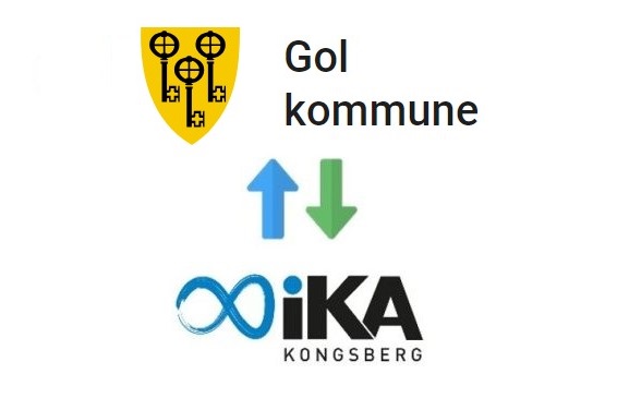 Gol kommunevåpen og IKA kongsberg logo med to piler mellom seg. En grønn pil peker ned og en blå pil peker opp.