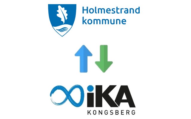 Kommunevåpenet til Holmestrand kommune øverst og logoen til IKA Kongsberg nederst. Mellom dem er en blå pil som peker oppover, og en grønn pil som peker nedover.